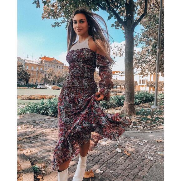 MISA Los Angeles Rashida Dress in Nazirah Floral Puff Sleeve Off Shoulder Small - Picture 1 of 12